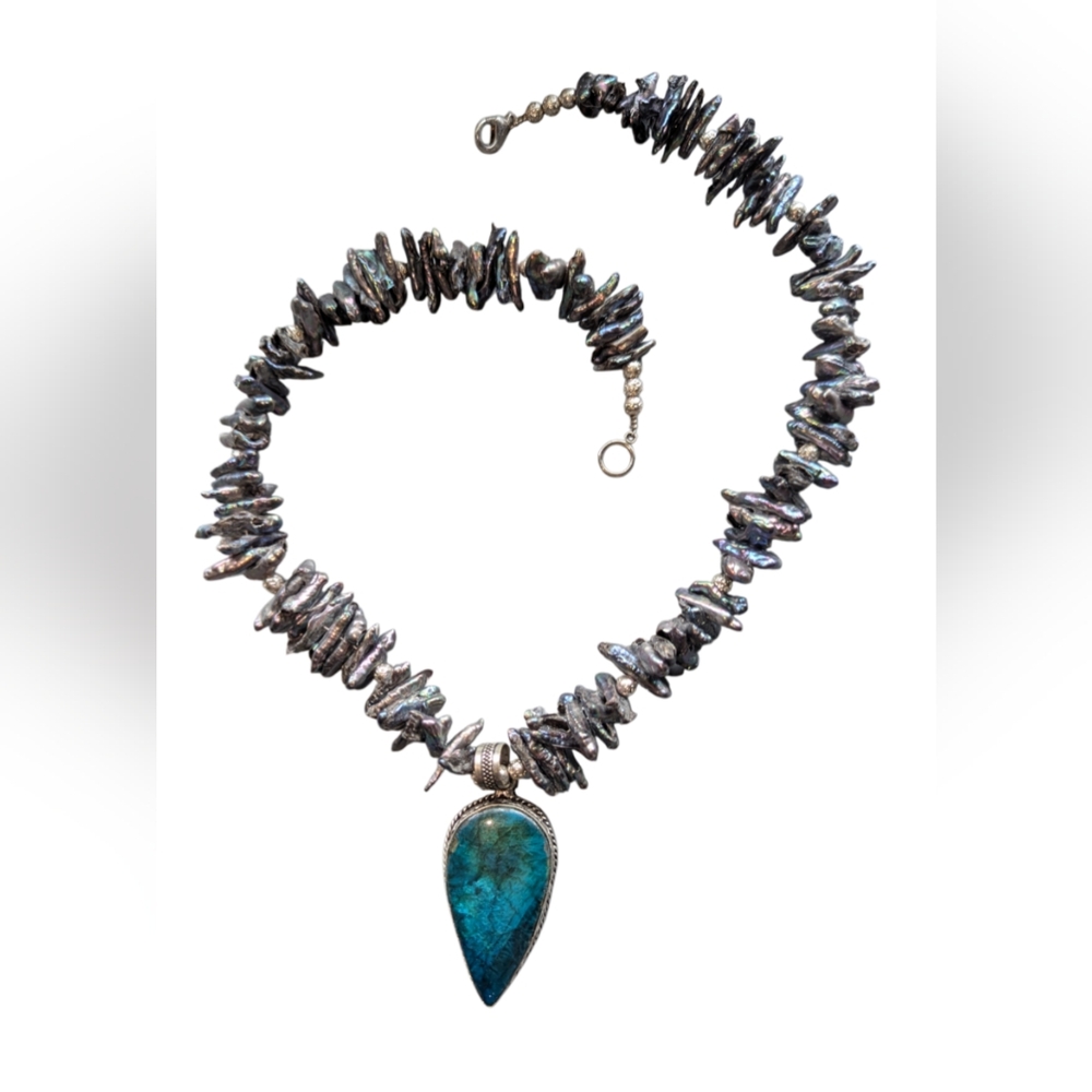 Silver Labradorite Pendant With Paua Abalone Shells Beads Necklace